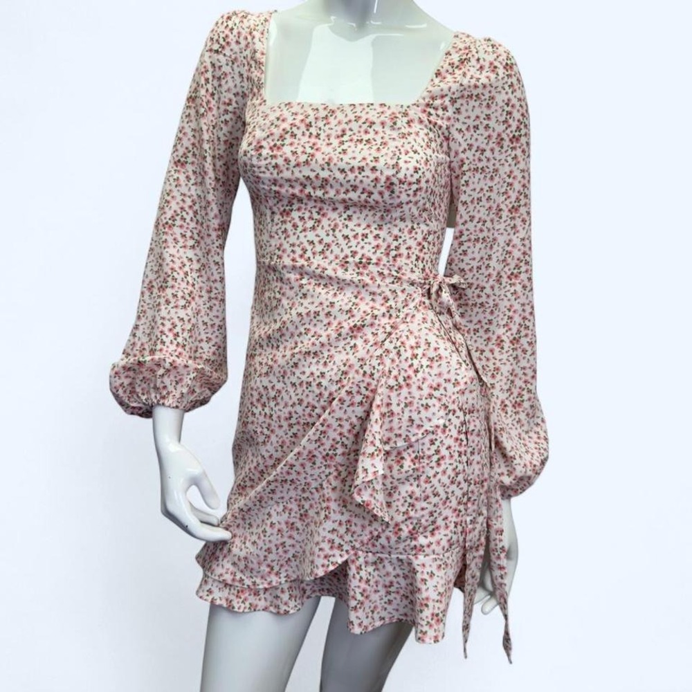 Princess Polly Cream Pink Floral Square-Neck Puff Sleeve Wrap Mini NWT